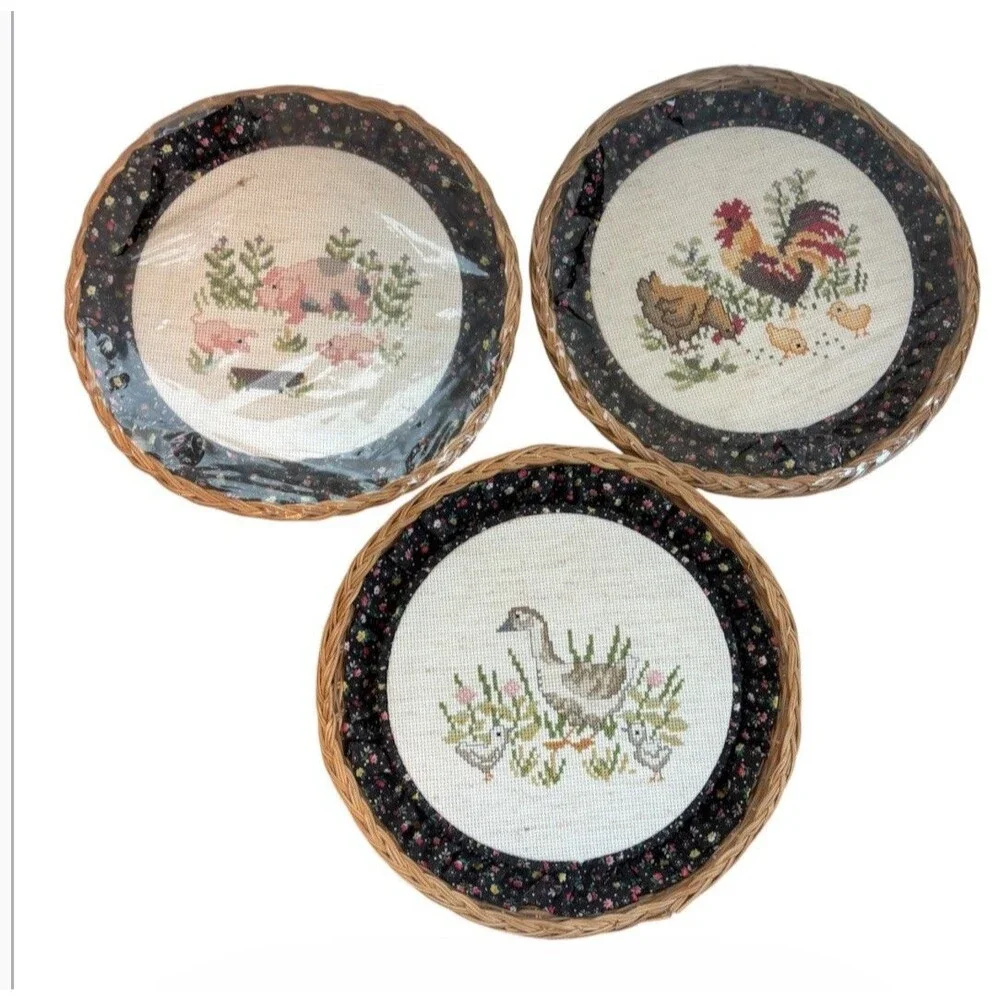 Vintage Handmade Cross Stitch Wicker Basket Wall Hanging Set 3 Farmhouse